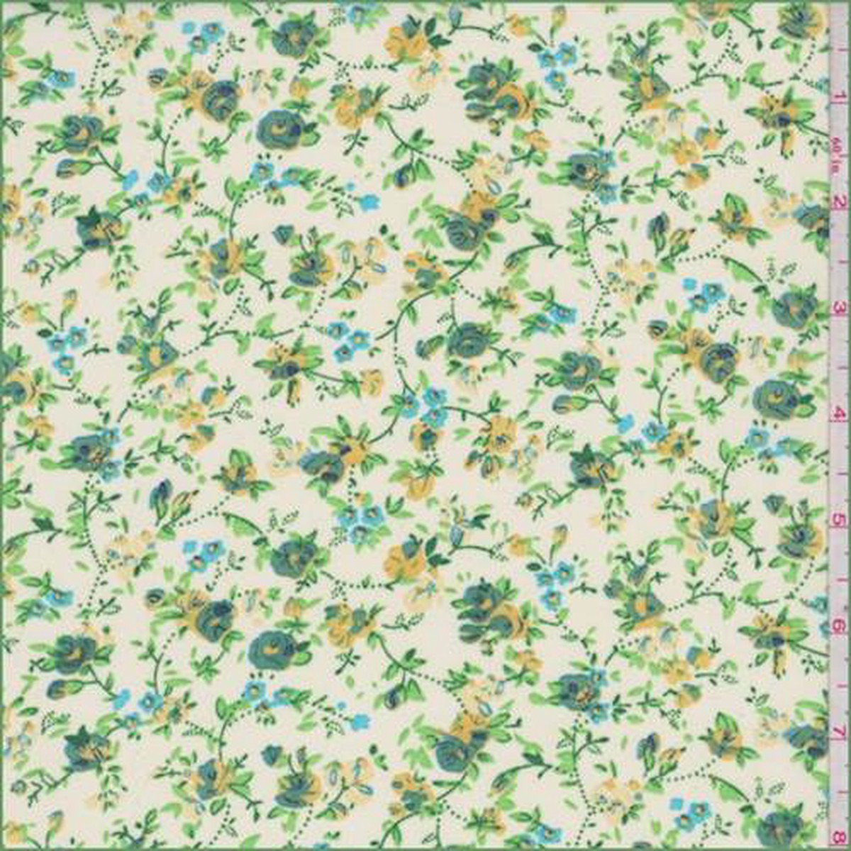 2 5/8 YD PC-White/Jade/Gold Stylized Floral Chiffon Fabric