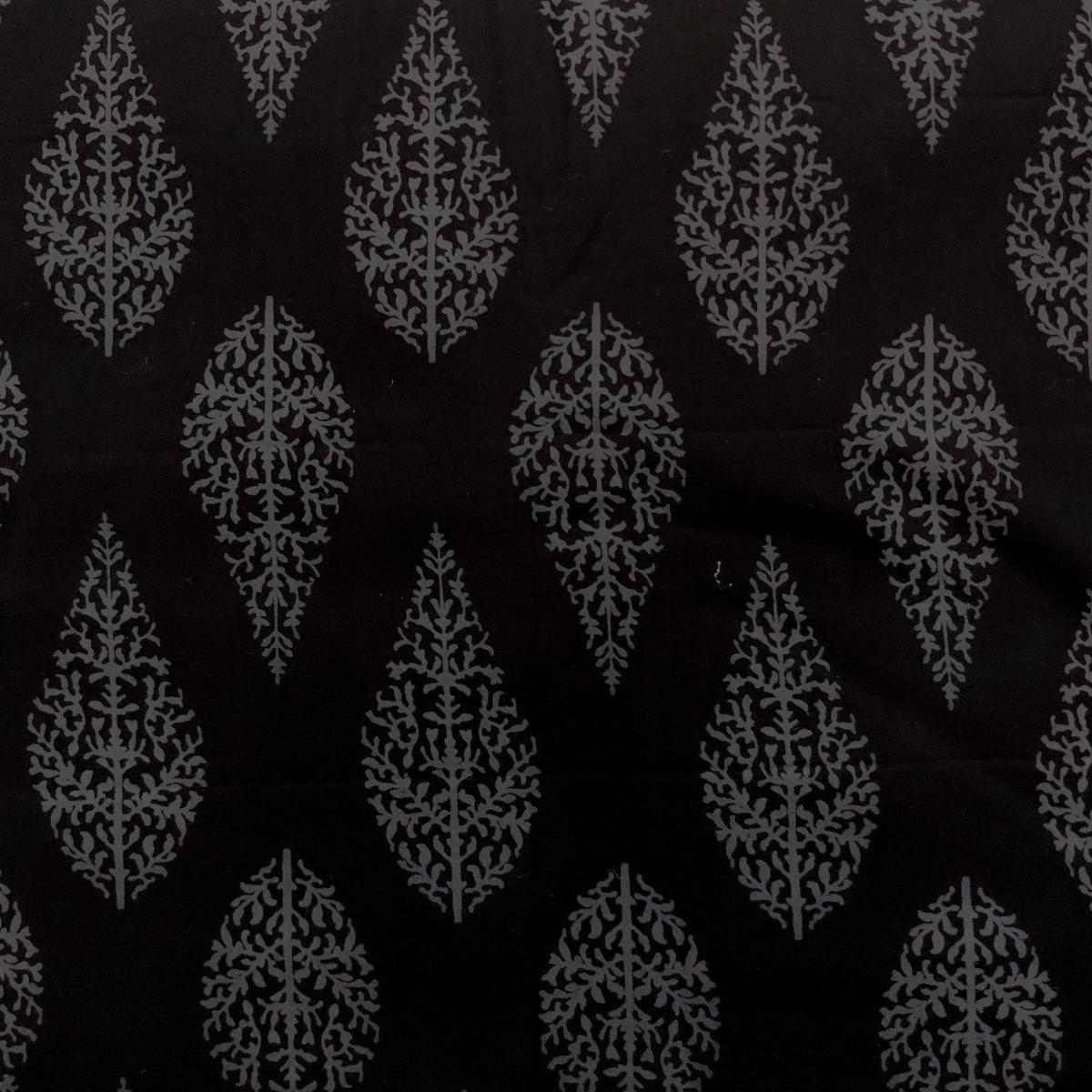 Pure Cotton Black With Grey Cyprus Tree Hand Block Print Fabric
