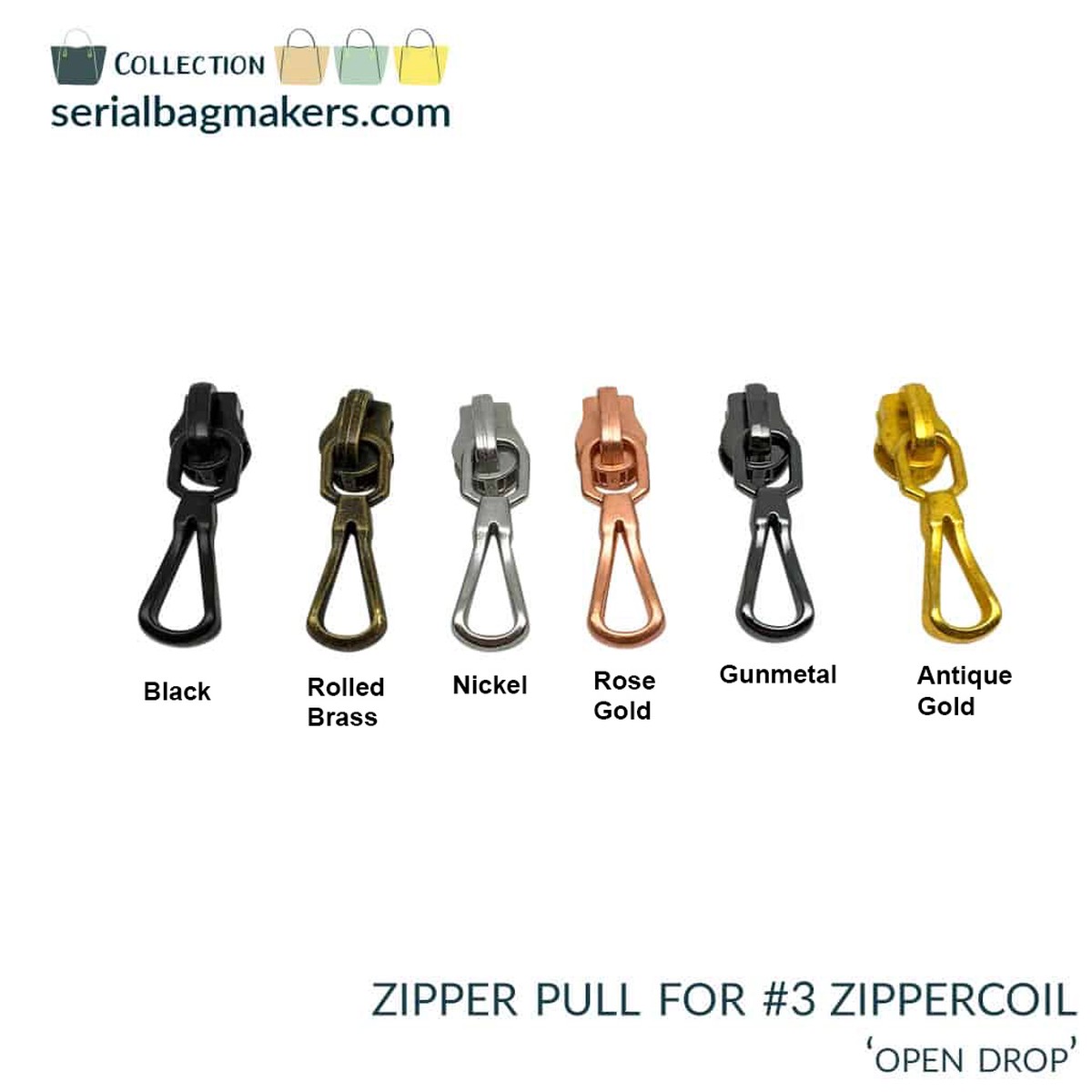 Serial Bagmakers-#3 Zip Slider-Open Drop-Antique Gold