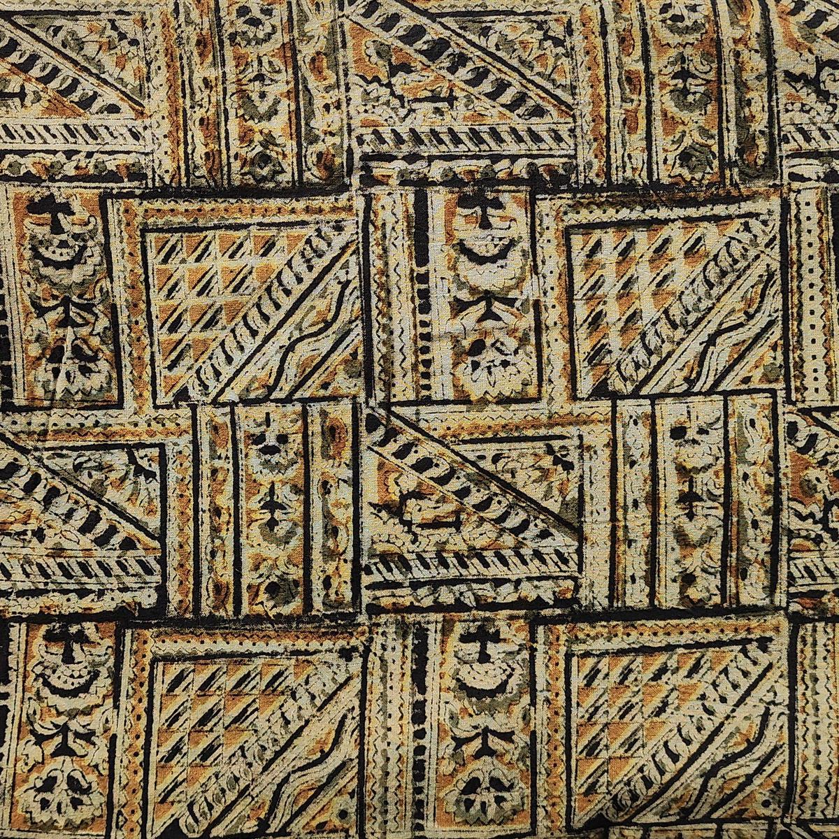 Pure Cotton Kalamkari Mustard With Tribal Tiles Hand Block Print Fabric