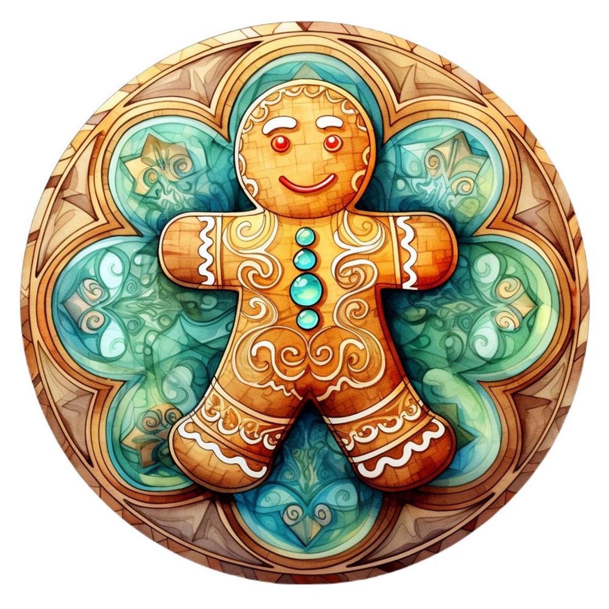 Stained Glass Gingerbread Man 4 Fabric Panel