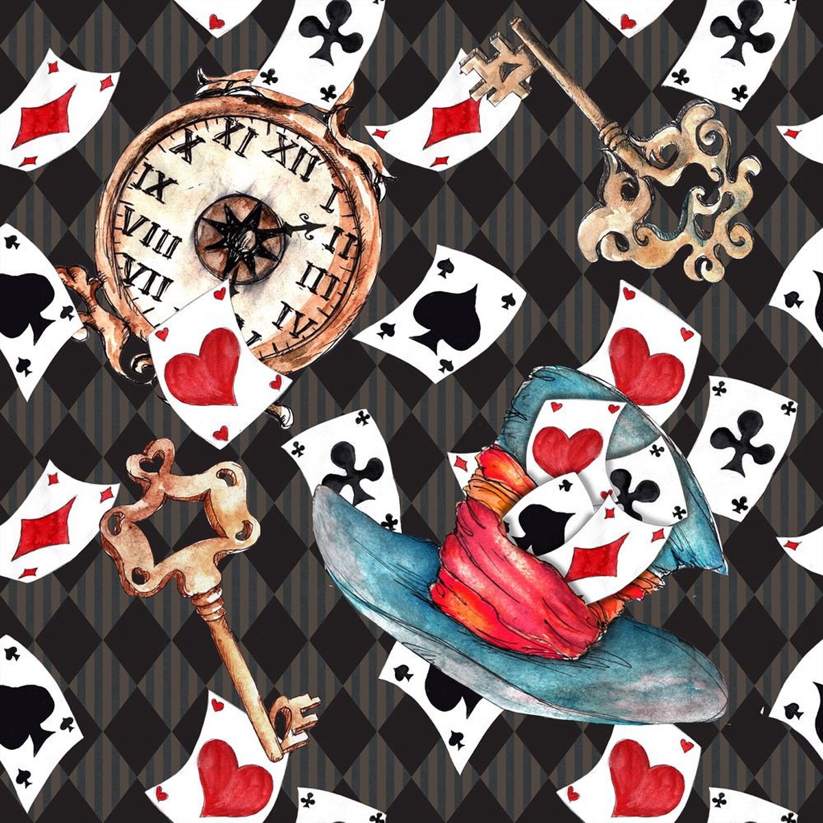 Alice in Wonderland Hats and Cups Fabric - Checkered