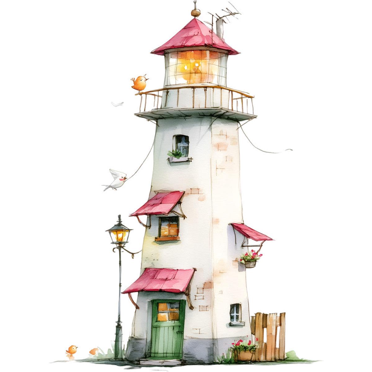 Watercolor Nautical Lighthouse Fabric Panel 13