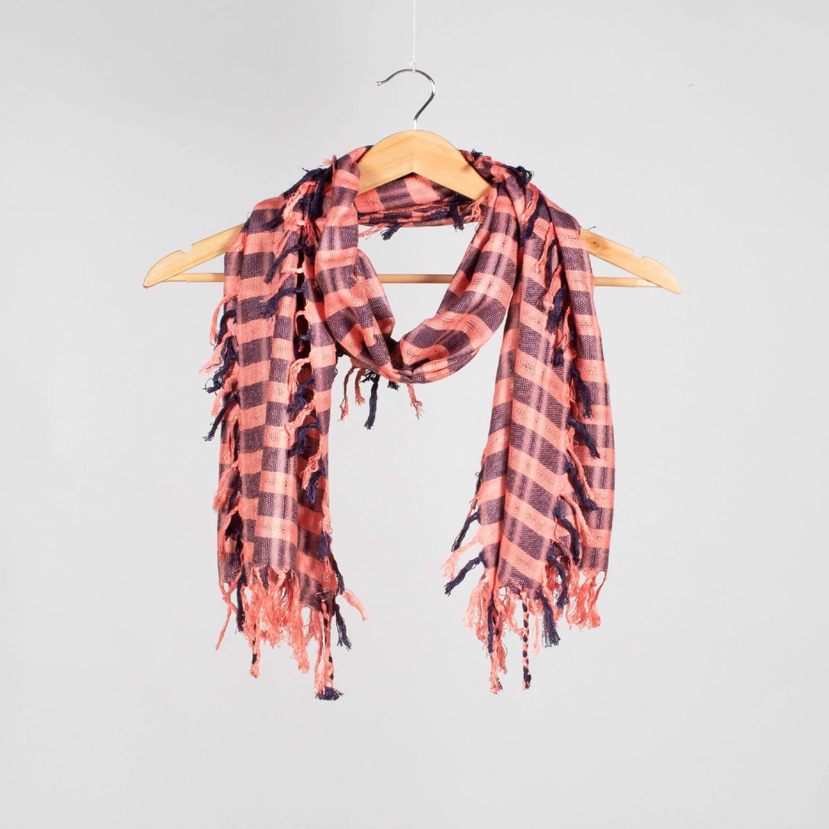 Coral Peach And Prussian Blue Woven Bhagalpuri Viscose Stole With Tassels