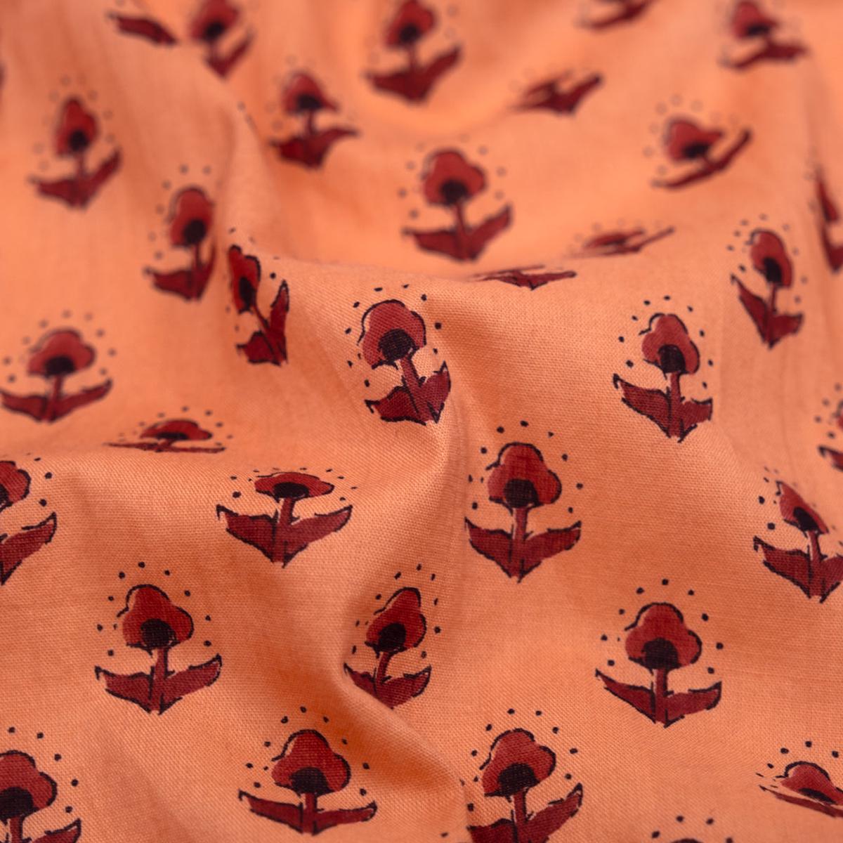 Bloom Block Printed Organic Cotton Batiste - Papaya/Burgundy