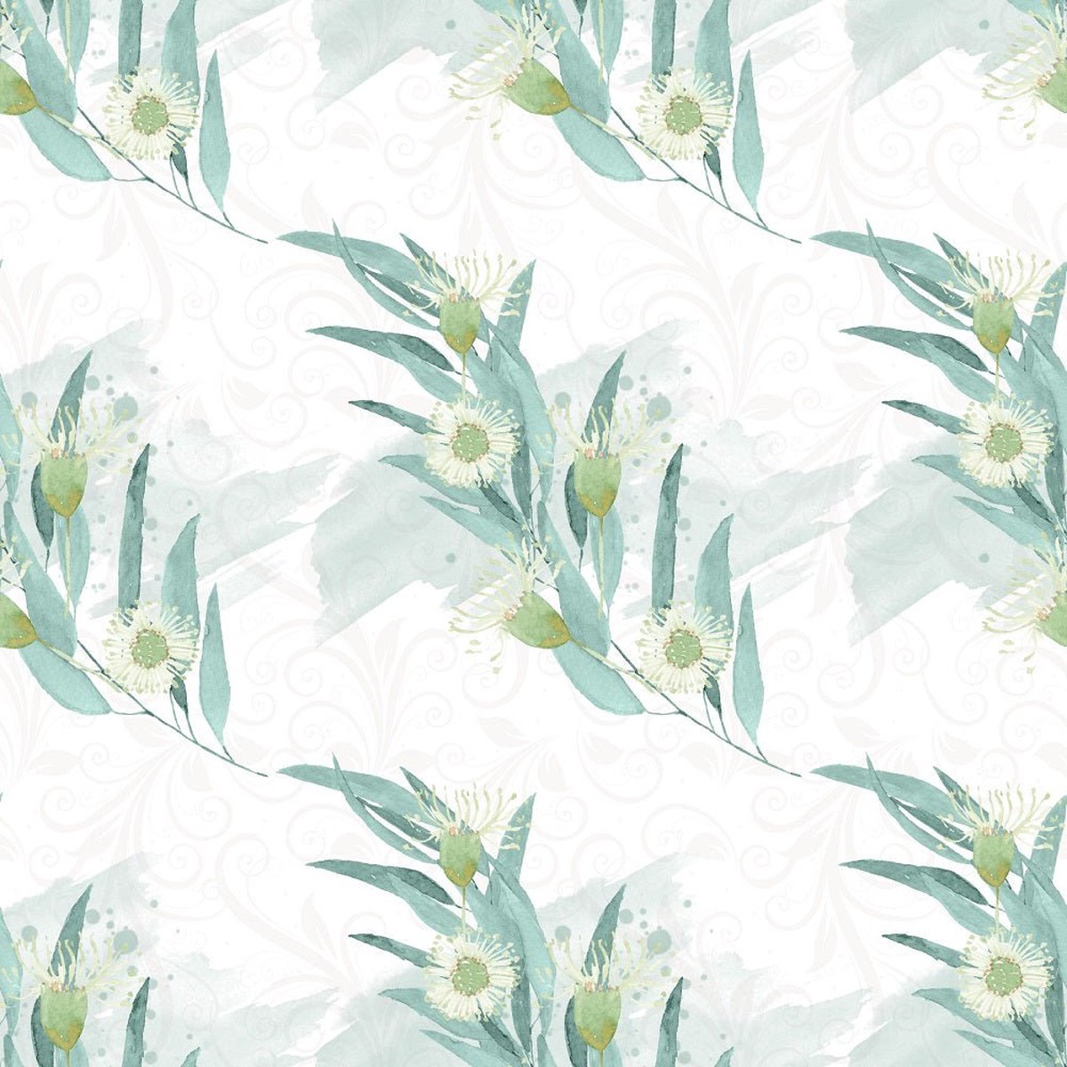 Fields of Eucalyptus Blooming Fabric - White