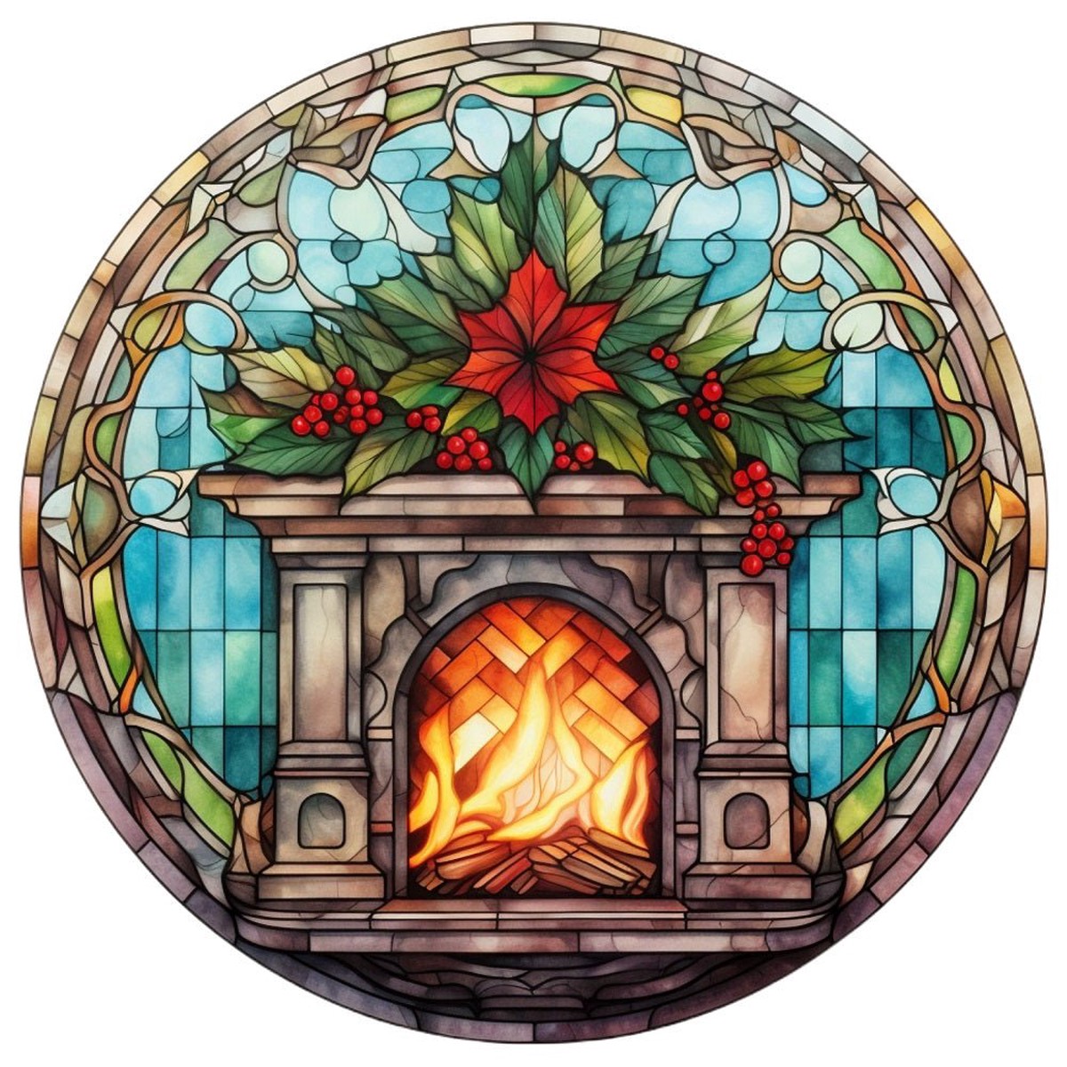 Stained Glass Poinsettia Fireplace Fabric Panel