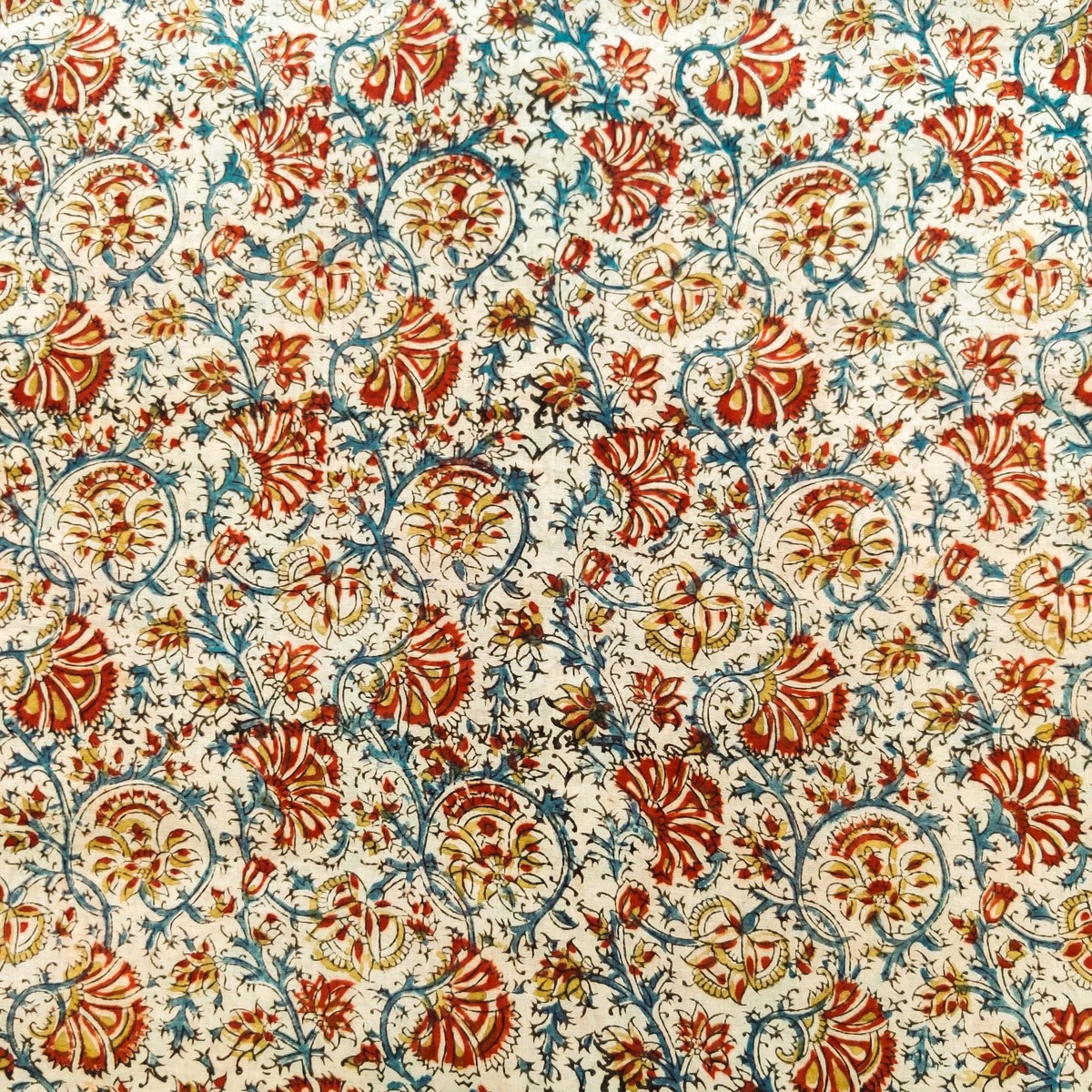 Pre-cut 2 meter Pure Mul Cotton Kalamkari Cream With Red Blue Mustard Flower Jaal Hand Block Print Fabric