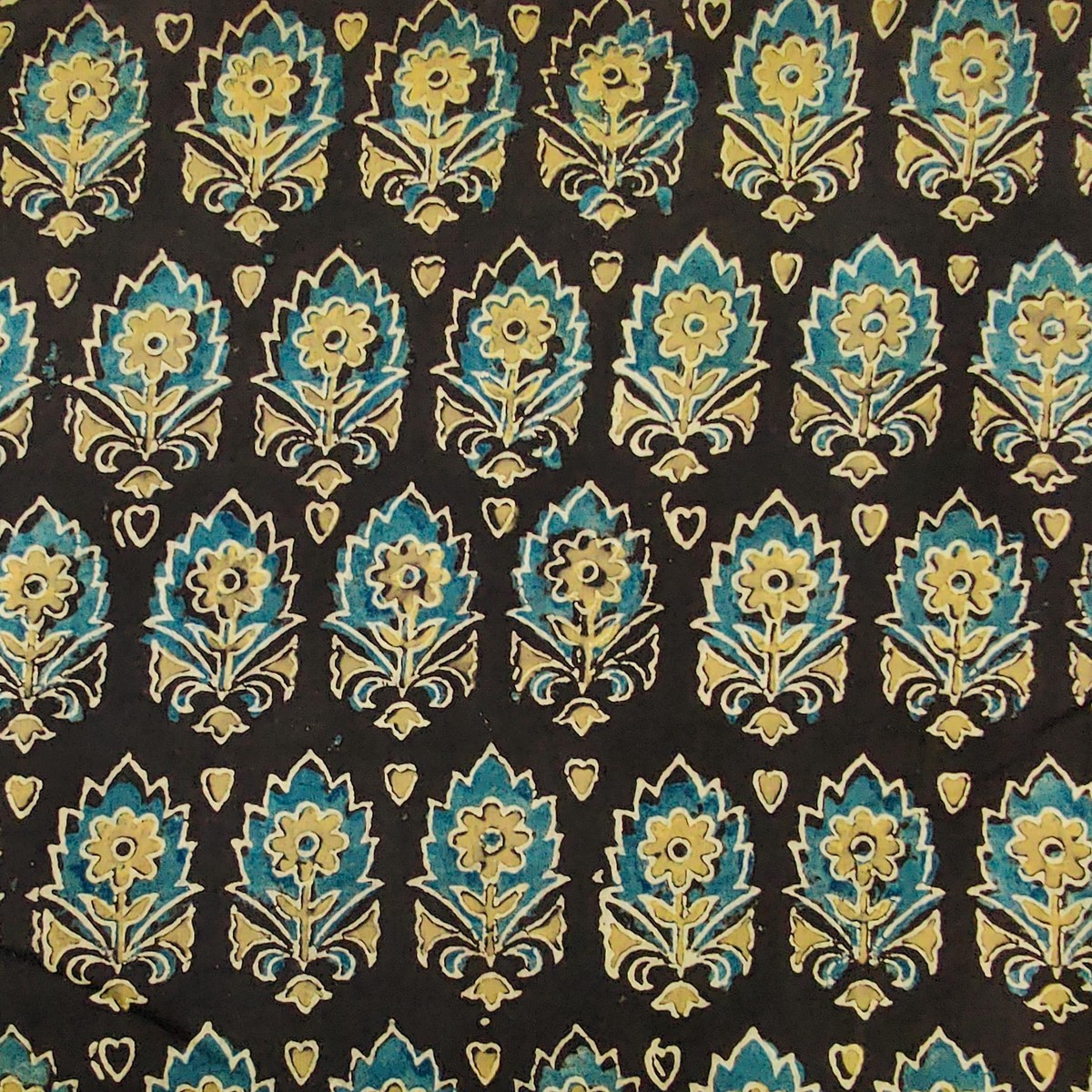 Pure Cotton Ajrak Dark Brown With Blue Intricate Beautiful Motif Hand Block Print Fabric