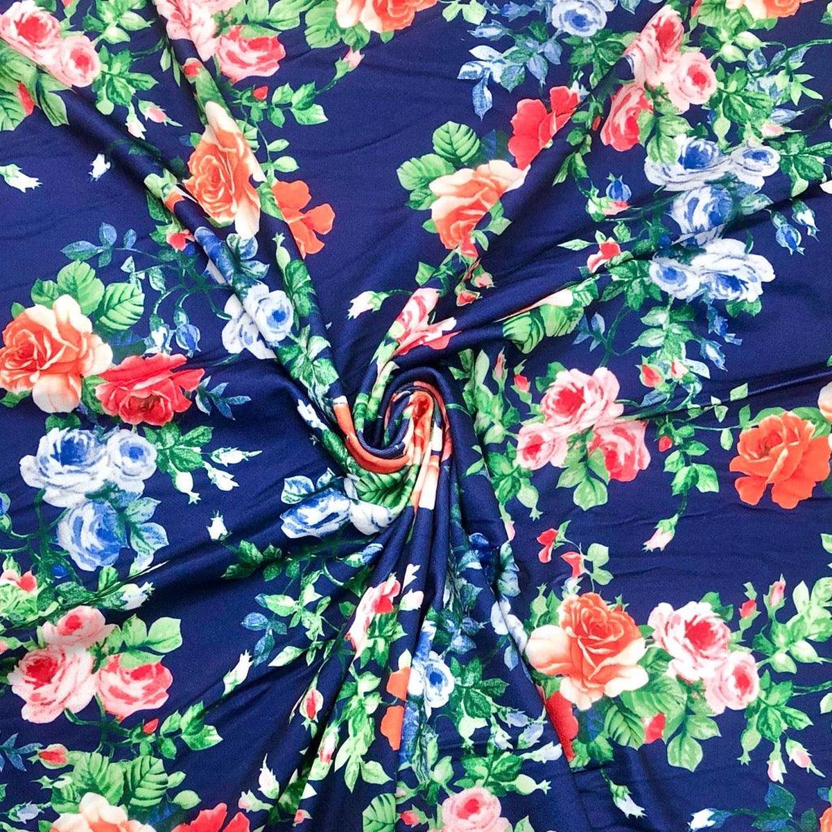 Red/Orange/Blue Floral on Navy Elastane Fabric