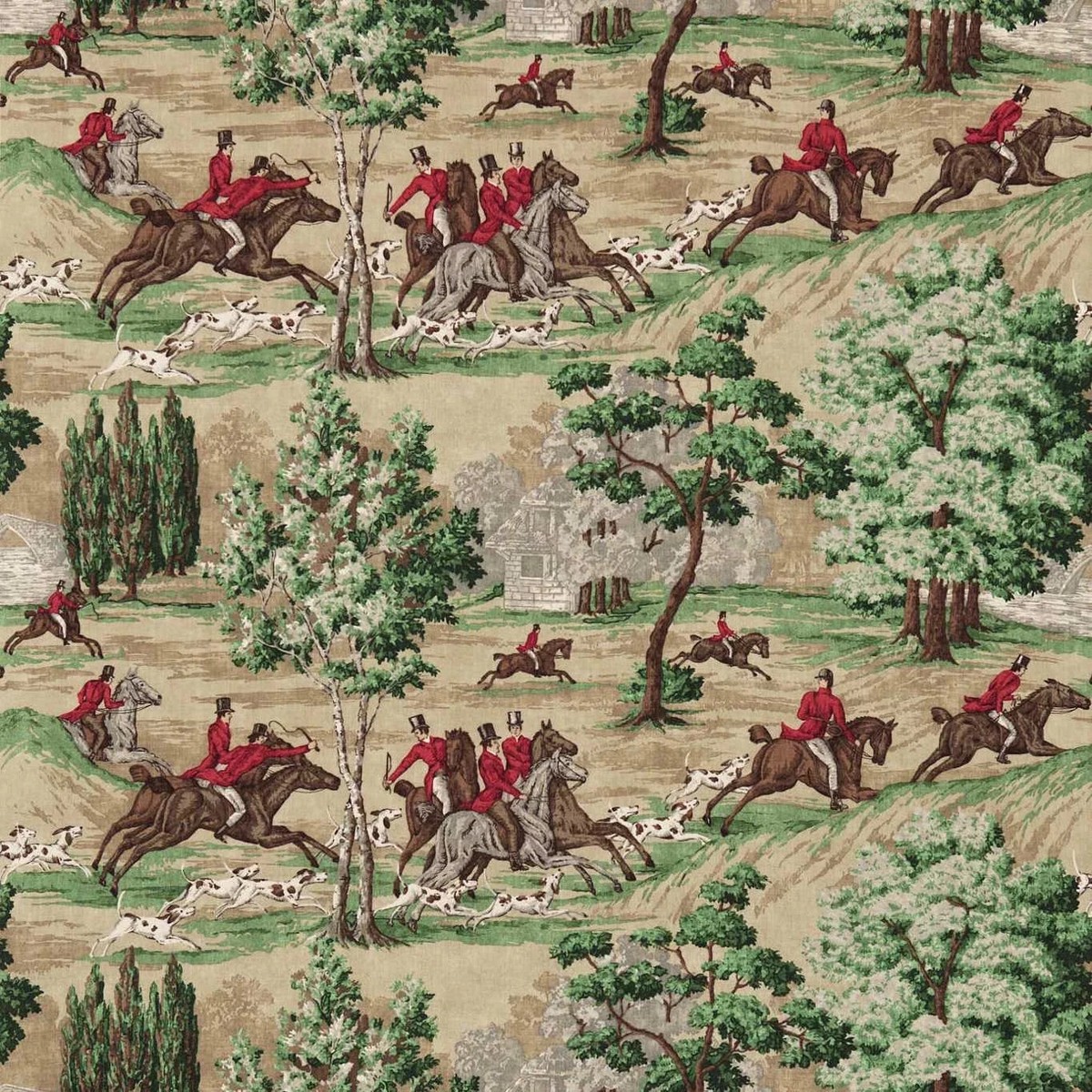 Sanderson Tally Ho Evergreen Crimson Hunting Fabric Curtain Upholstery 8 Metres