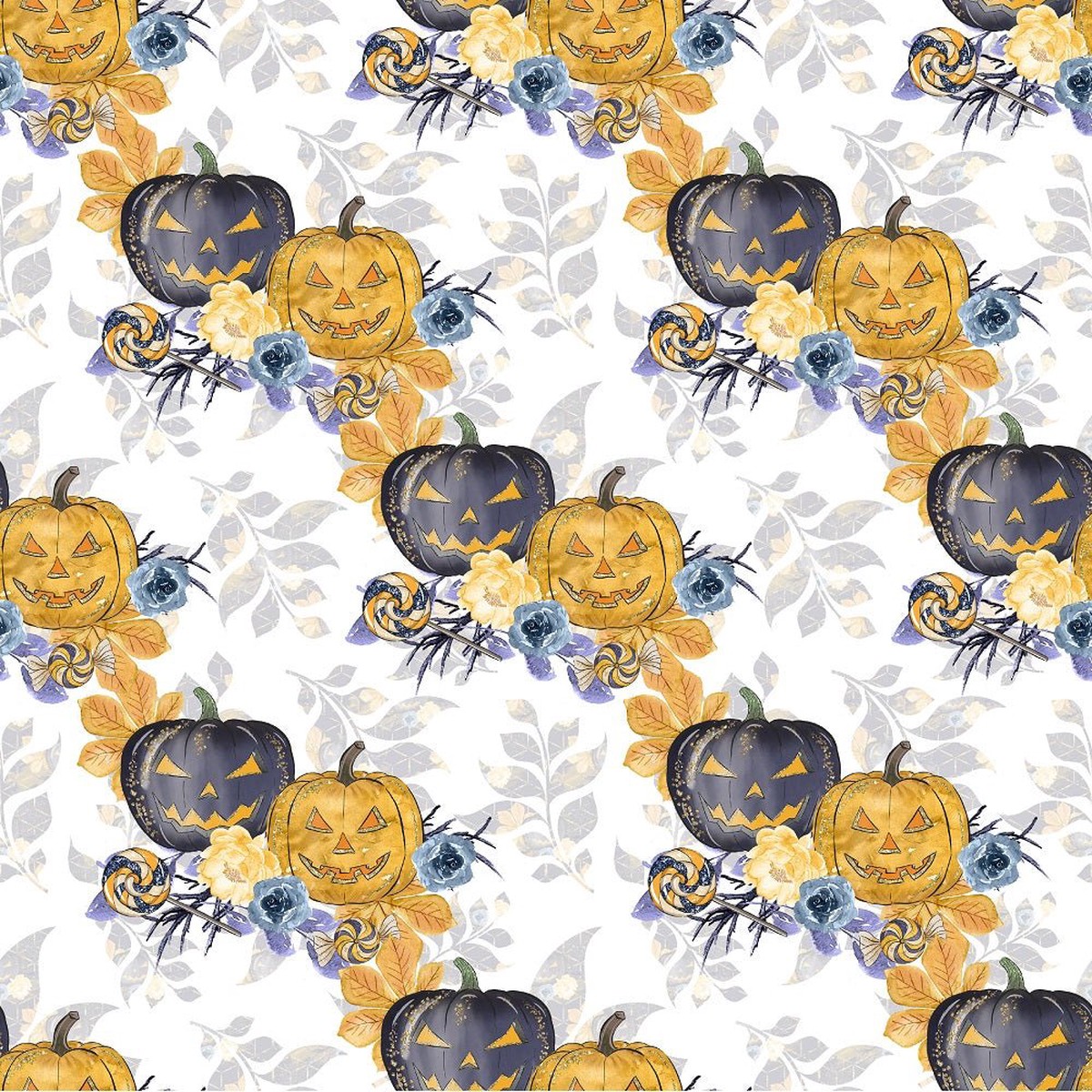 Cute Halloween Pumpkins on Leaves Fabric - White