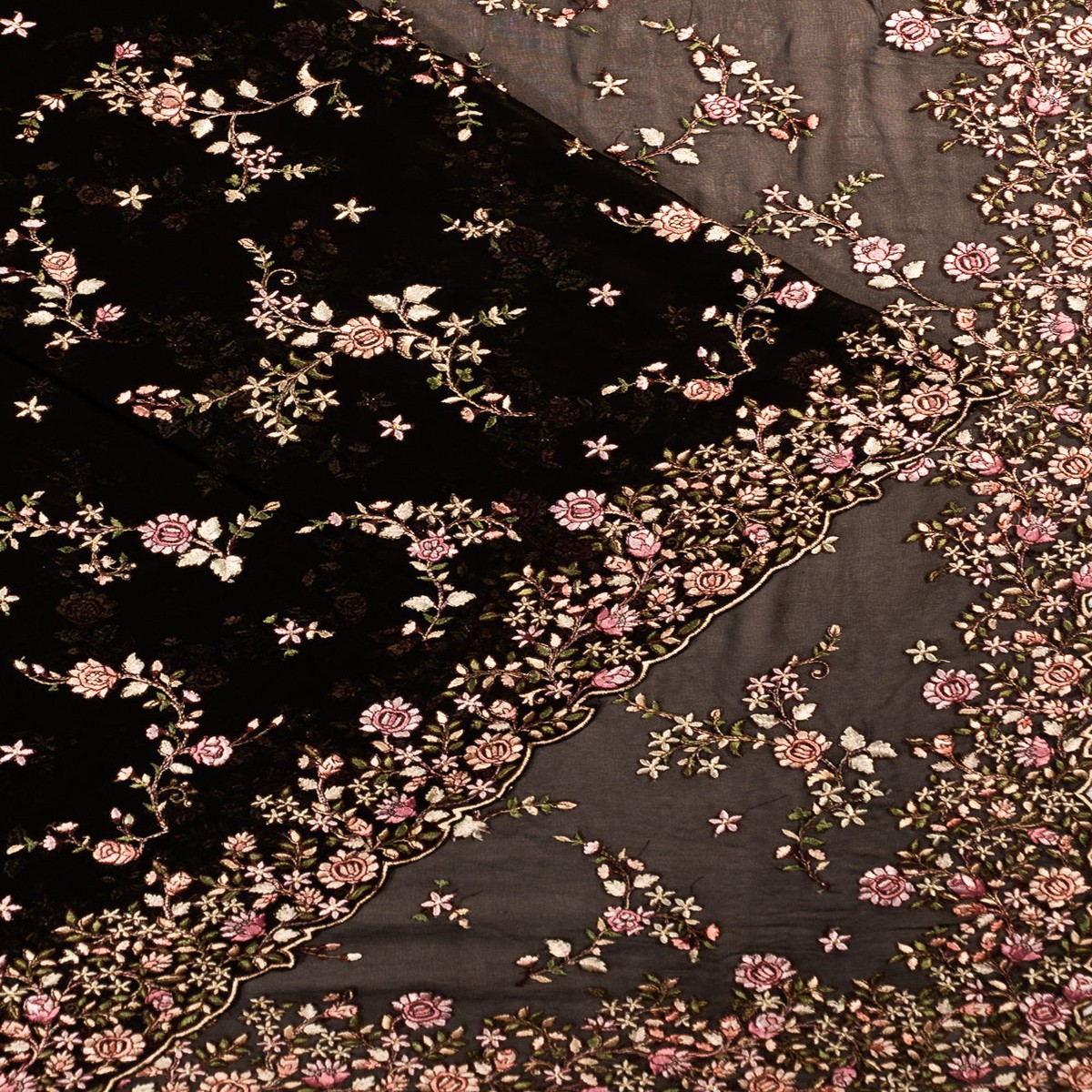 Georgette Floral Embroidery Black Saree With Scallop Border