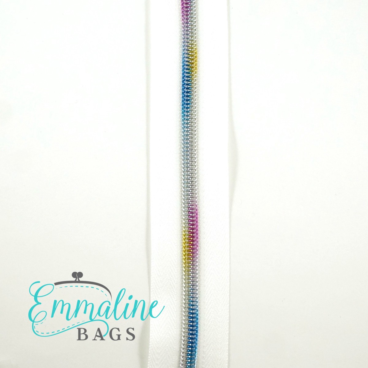 Emmaline #5 Zips By the Yard White Tape with Rainbow Coil 10 yards