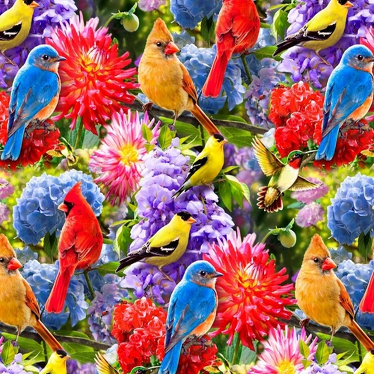 BTHY Red Yellow Cardinals Blue Bird Vivid Flowers Cotton Fabric By The Half Yard