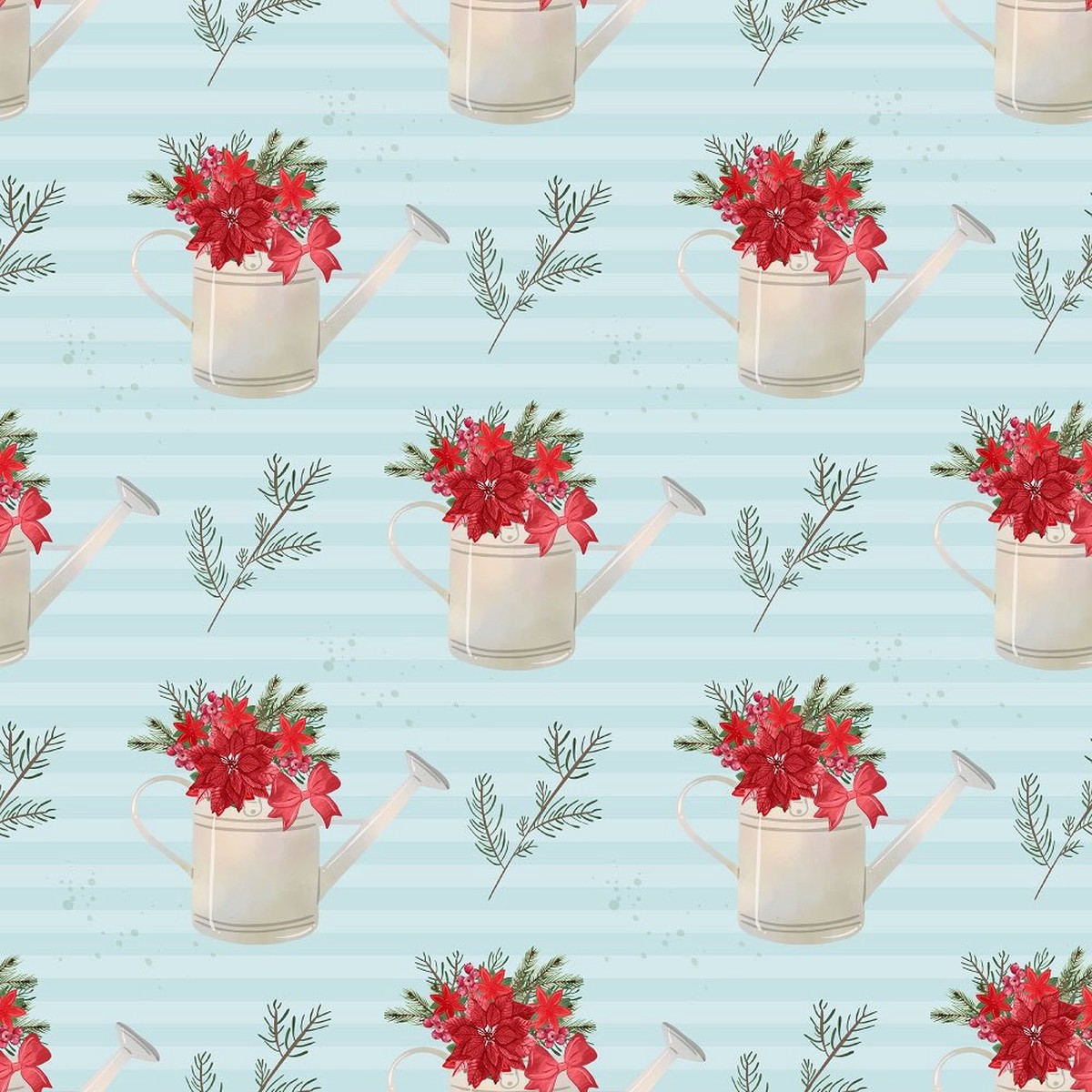 A Country Christmas Water Cans on Stripes Fabric - Blue
