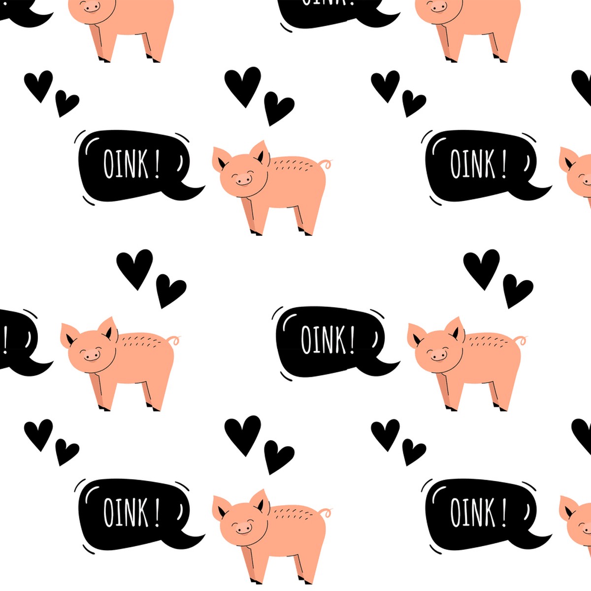 Cute Pig With Hearts Fabric - White