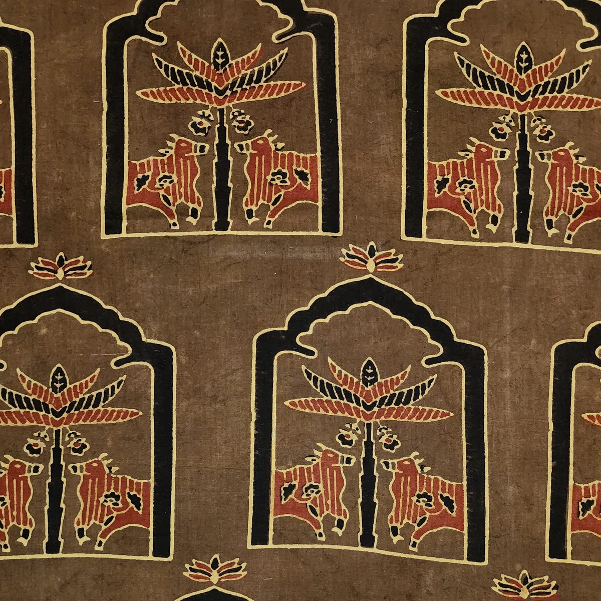 Pure Cotton Ajrak Brown With Black And Rust Red Window With Intricate Cow Design Hand Block Print Fabric