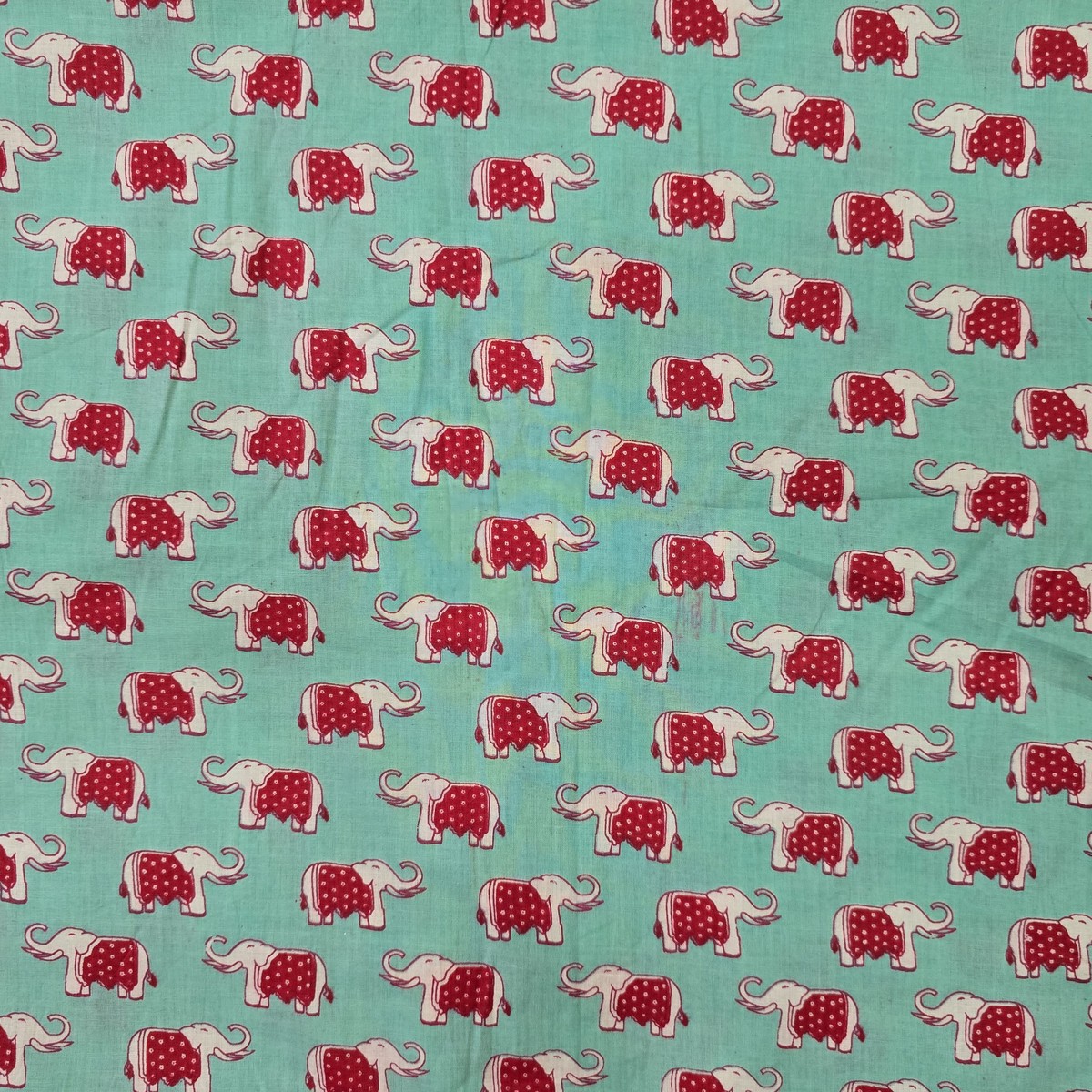 Pure Cotton Blue With Red Elephant Screen Print Fabric
