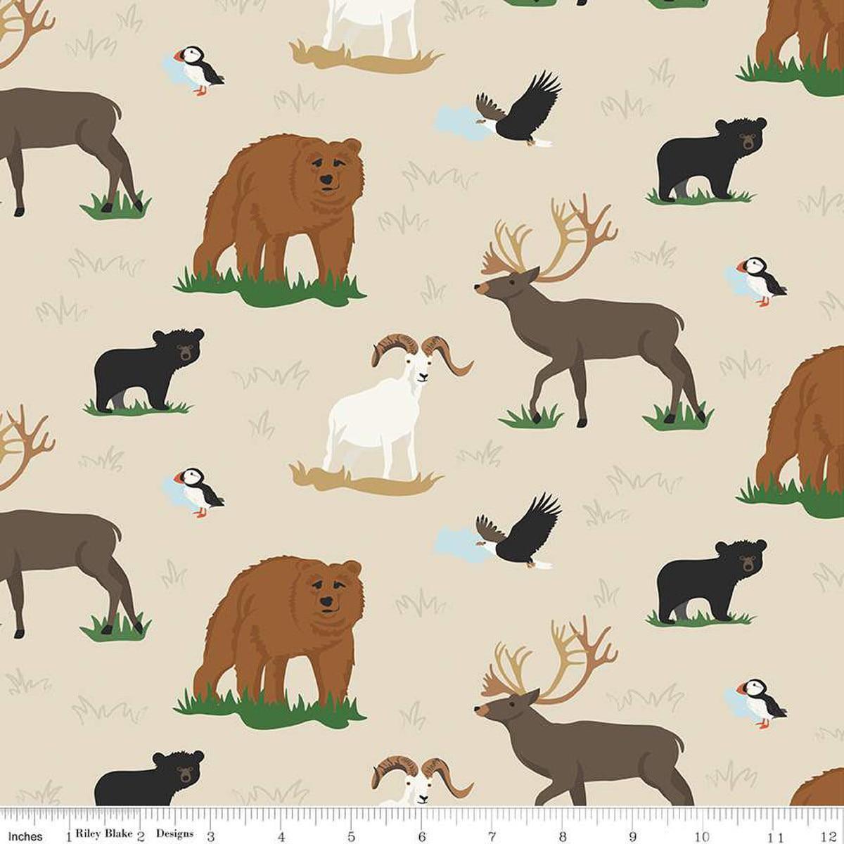 SALE Alaska Wildlife C16166 Cream - Riley Blake Designs - Bears Moose Puffin Animals - Quilting Cotton Fabric