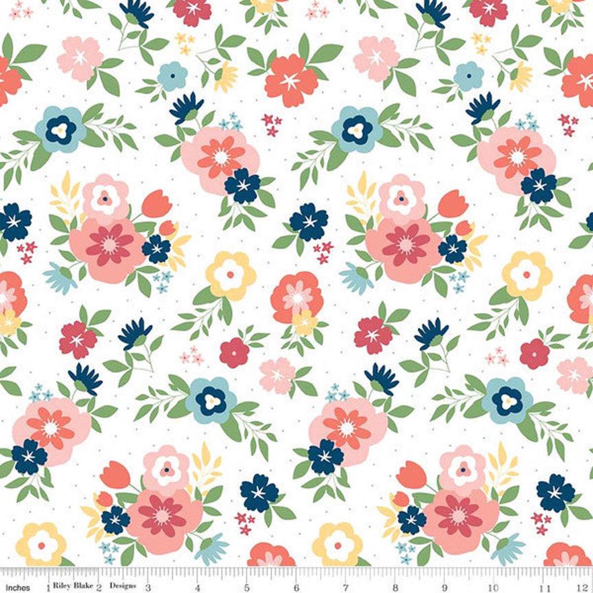 25" End of Bolt - SALE Sew Much Fun Main C12450 White by Riley Blake Designs - Floral Flowers Pin Dots - Quilting Cotton Fabric