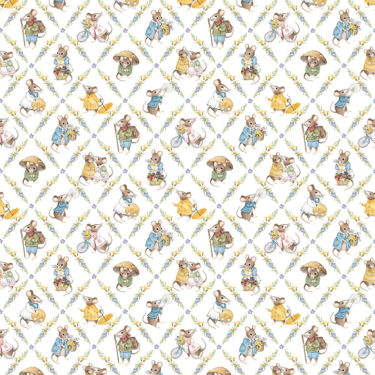 Fabric Northcott White Diamond Grid Country Mouse by the Quarter Yard DP29008-10