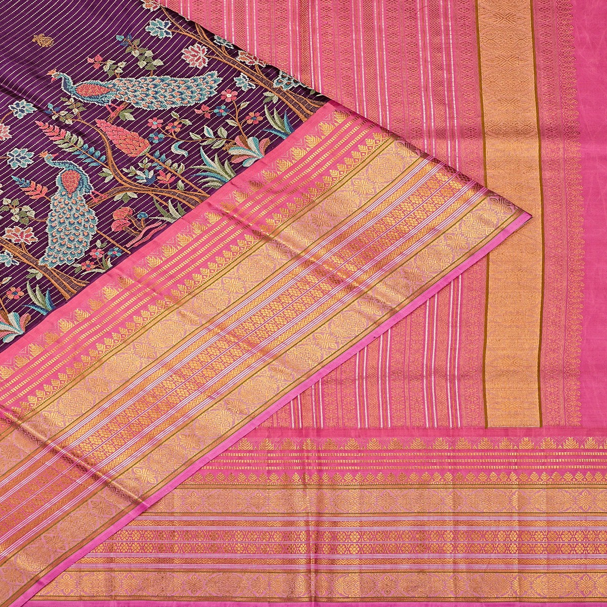 Kanchipuram Silk Horizontal Lines And Butta Purple Saree With Embroidery