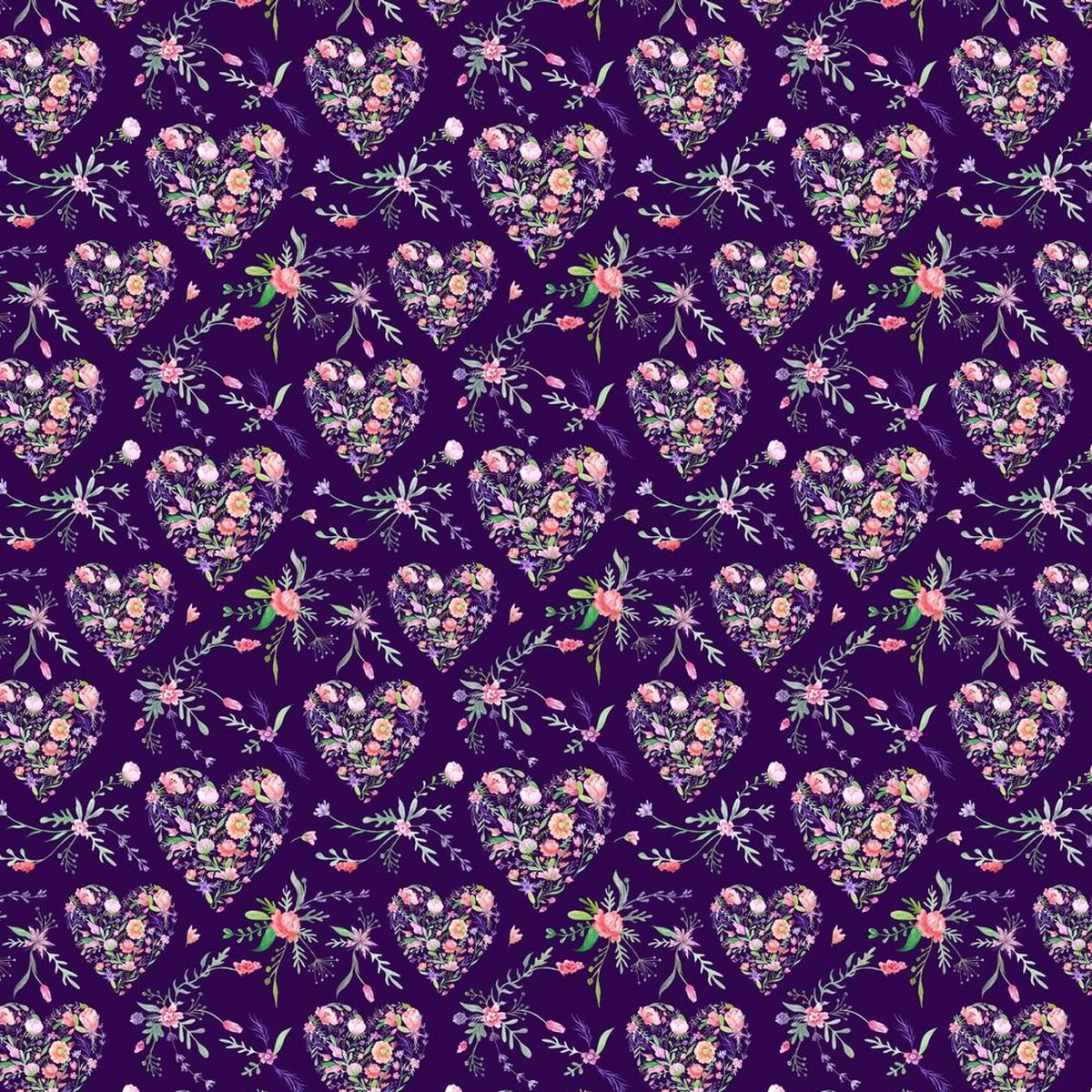 Watercolor Floral Heart Fabric - Purple