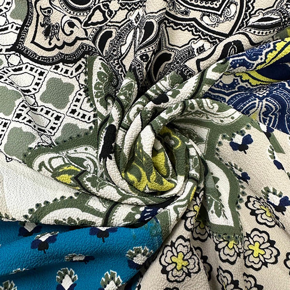4 1/2 YD PC-Beige Multi Medallion Print High Crepe Fabric
