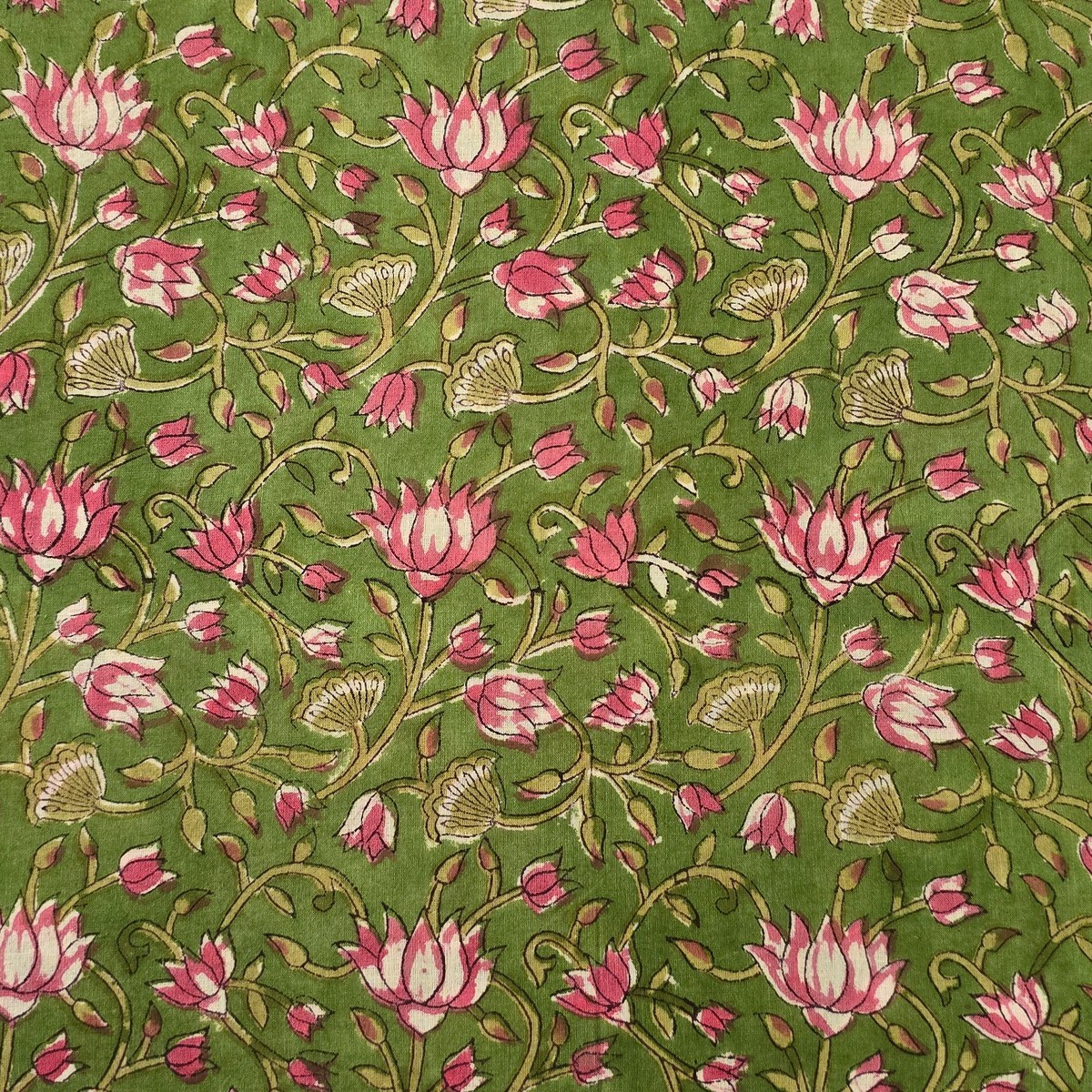 Pre Cut (0.80 Meter) Pure Cotton Jaipuri Green With Pink Lotus Jaal Hand Block Print Fabric