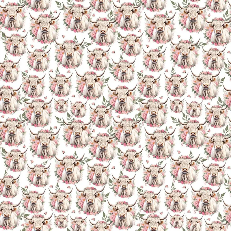 White Highland Cows & Pink Flowers Fabric - White