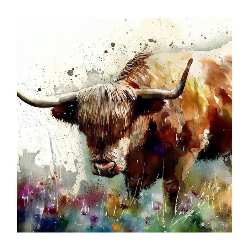 Paint Drip Highland Cow #3 Fabric Panel