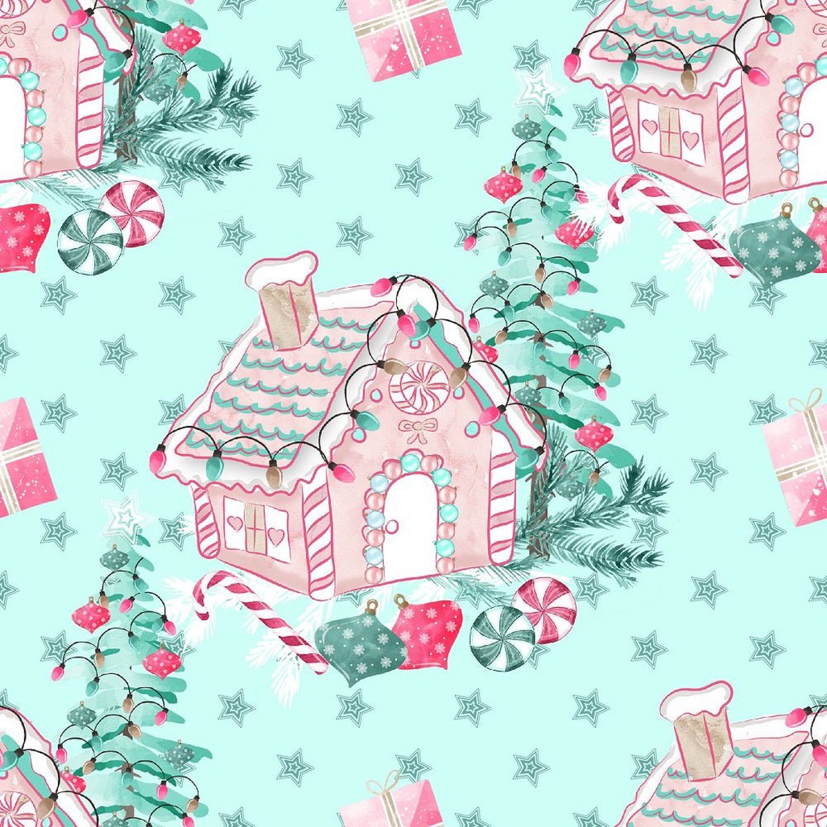 Peppermint Christmas Gingerbread House Fabric - Green