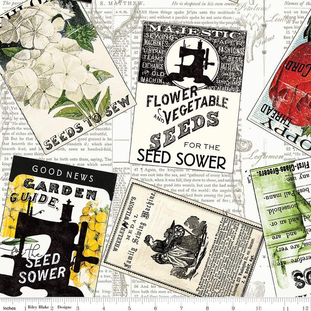 SALE Sewing Seeds III Seed Packs Toss CD15683 White - Riley Blake Designs - DIGITALLY Printed - Vintage Seeds Ads - Quilting Cotton Fabric