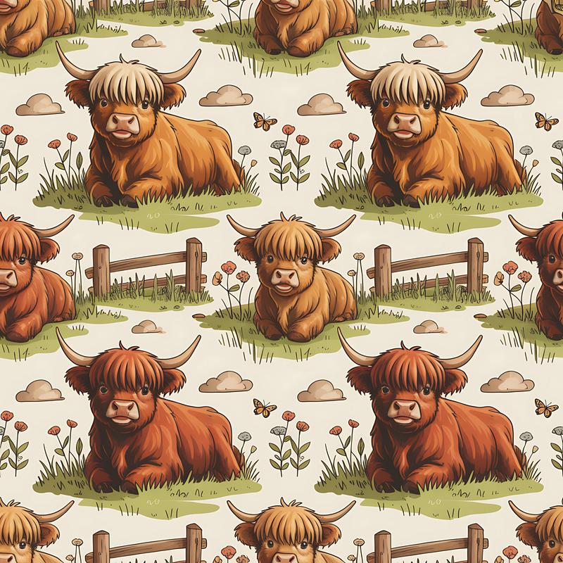 Cartoon Highland Cows Pattern 2 Quilting Cotton Fabric