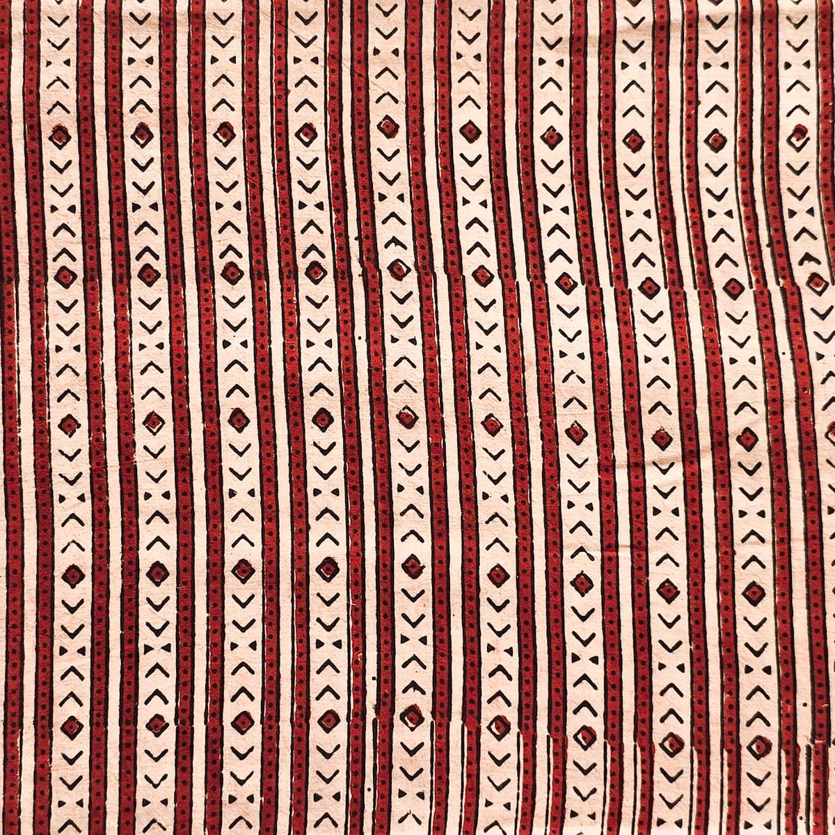 Pure Cotton Ajrak Cream With Red Border Stripes Hand Block Print Fabric
