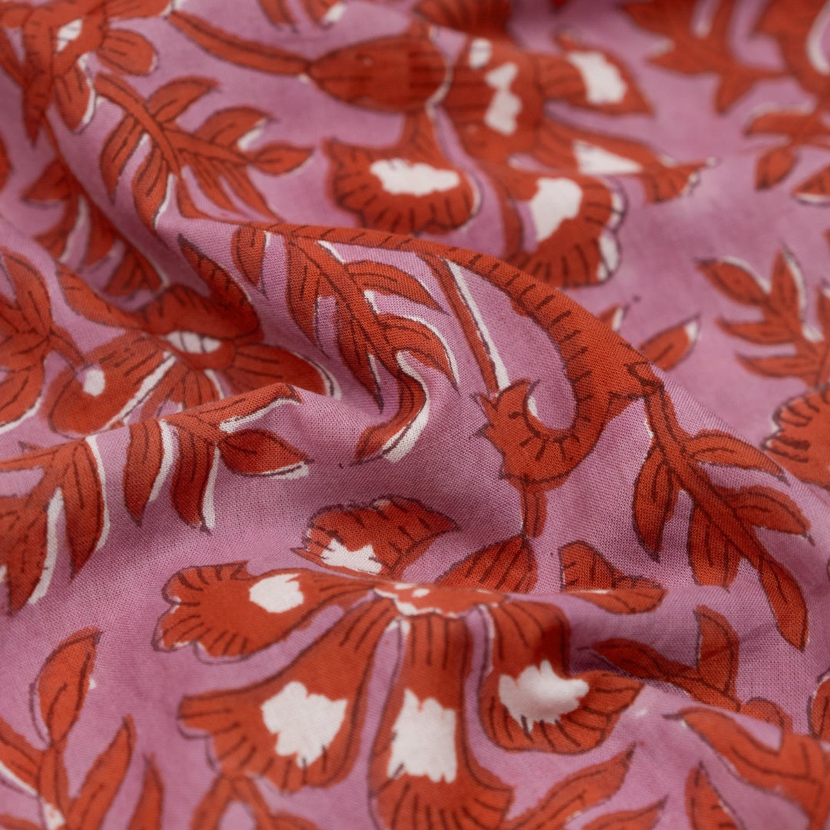 Vine Block Printed Organic Cotton Batiste - Dahlia/Red Clay