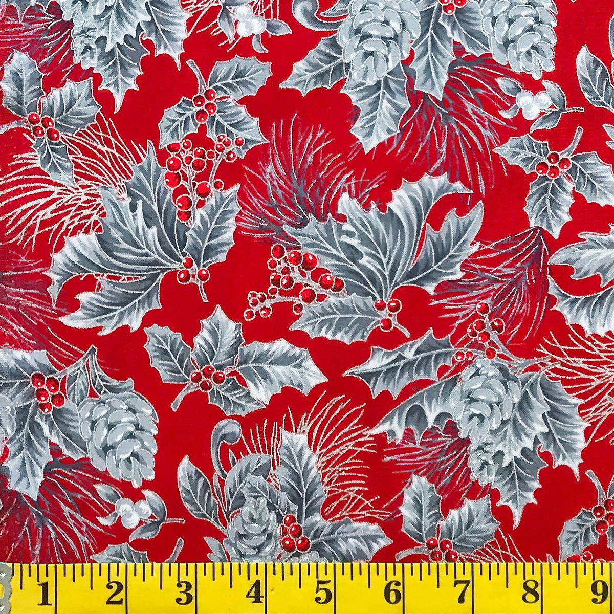 Jordan Fabrics Metallic Christmas Blossom 10002 7 Crimson/Silver Pine Berry By The Yard