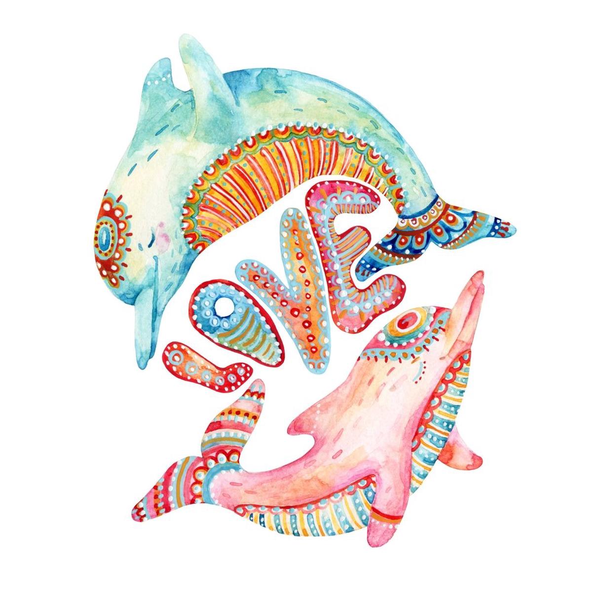 Lovely Pair Of Abstract Dolphins Fabric Panel