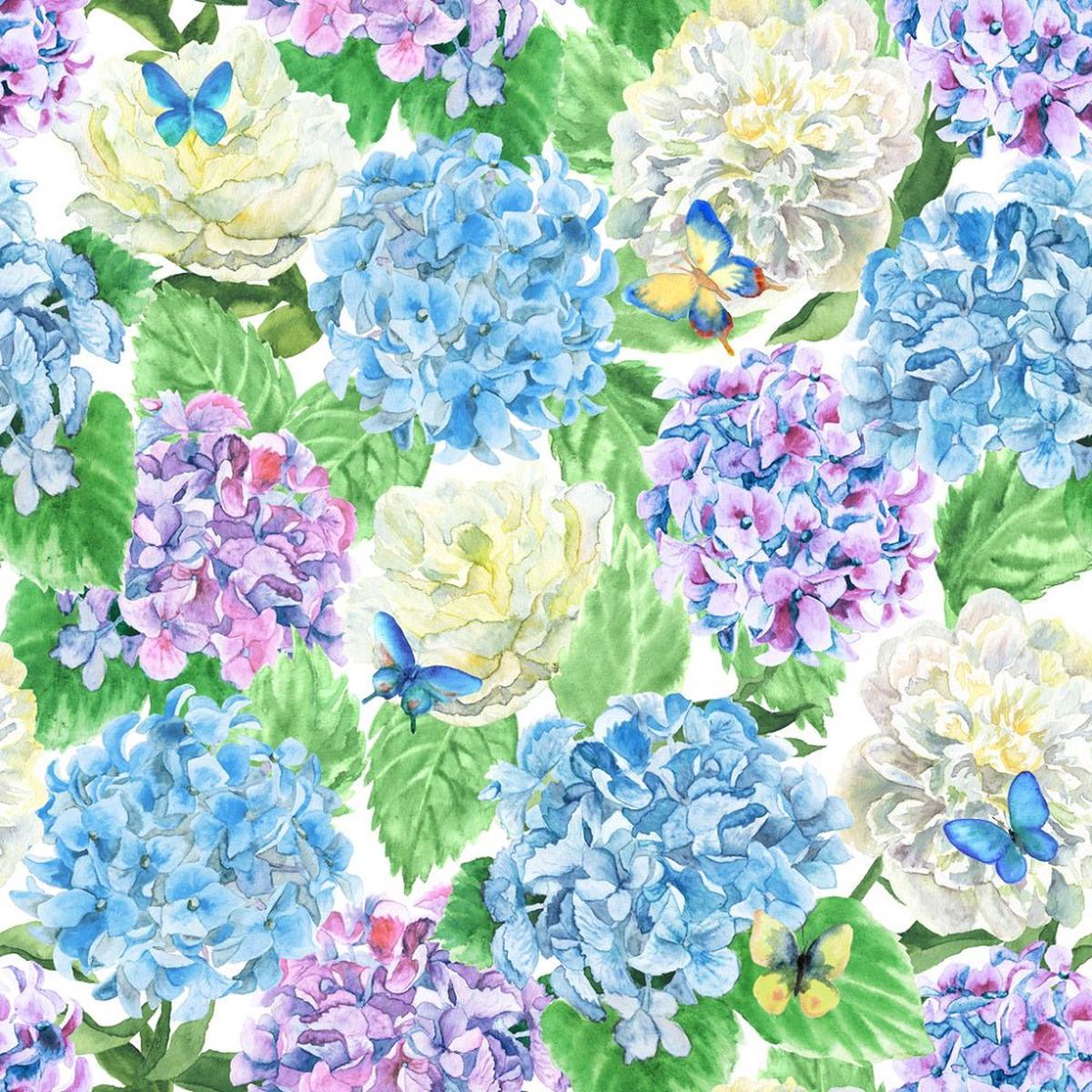 Packed Hydrangea and Peonies Floral Fabric