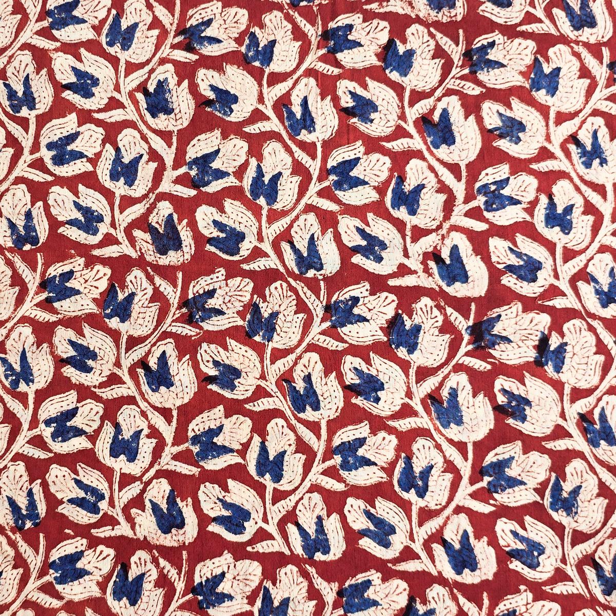 Pure Cotton Mul Bagru Maroon And Cream With Blue Flower Jaal Hand Block Print Fabric