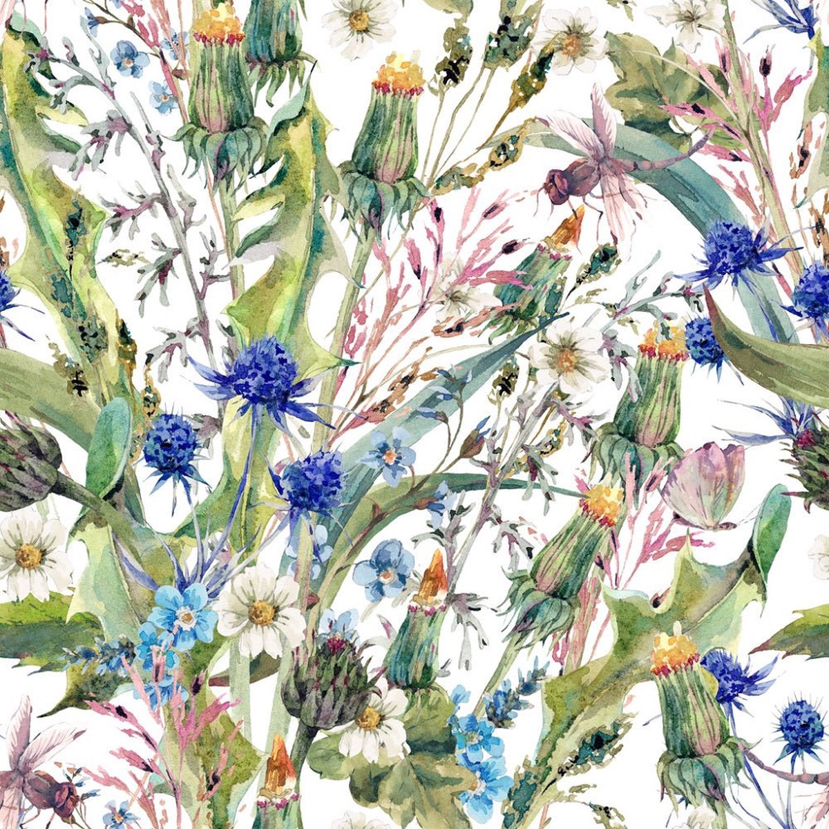 Watercolor Thistles Wildflowers Herbs Allover Fabric