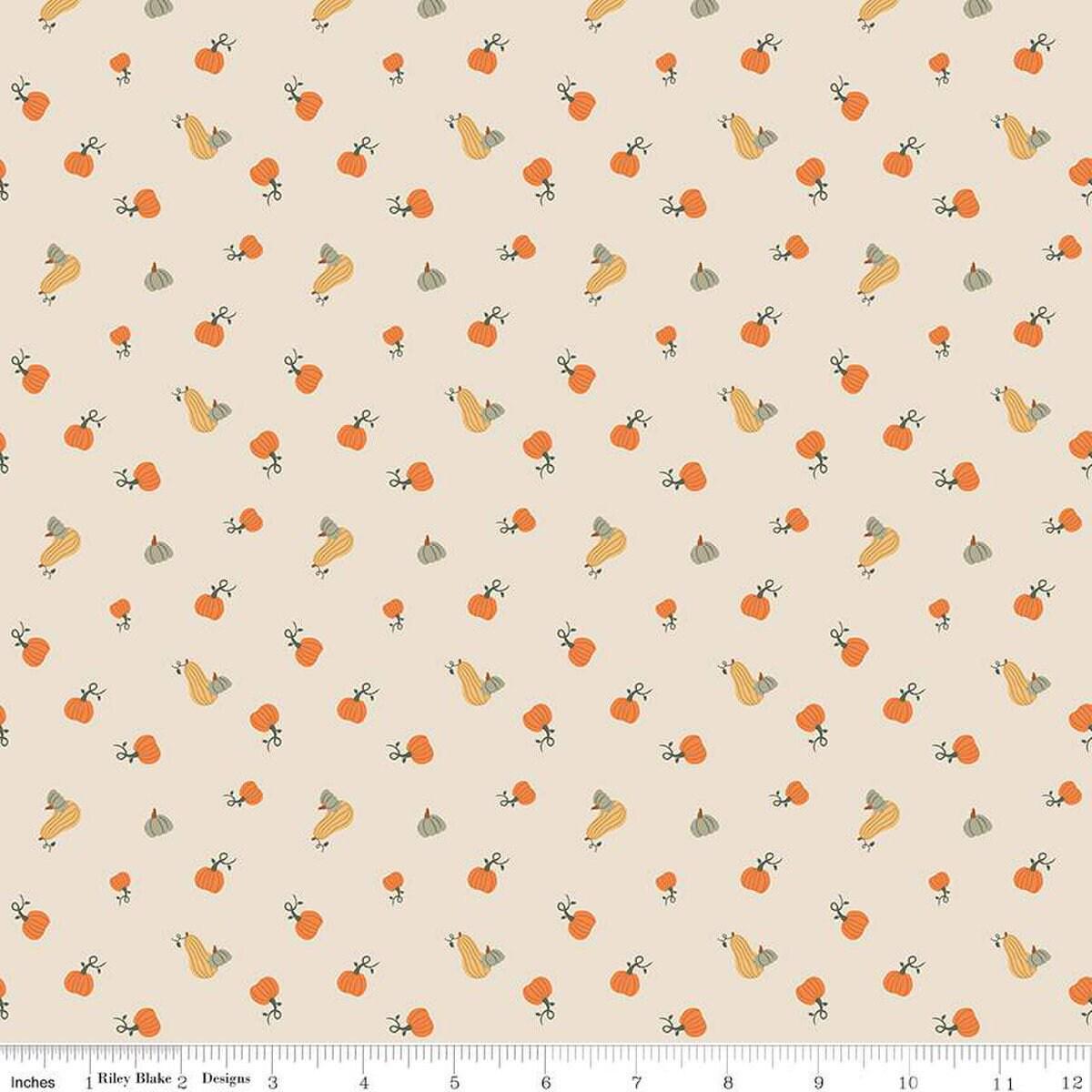 14" End of Bolt - Pumpkin Spice Pumpkins C14993 Ivory - Riley Blake Designs - Autumn Fall Tossed Scattered Pumpkins - Quilting Cotton