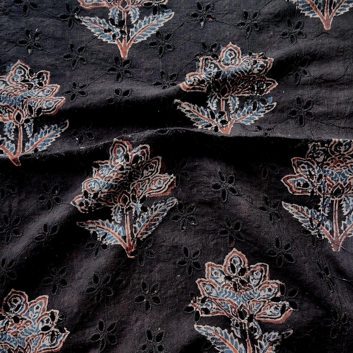 Pure Cotton Hakoba Ajrak Black With Plant Motif Hand Block Print Fabric