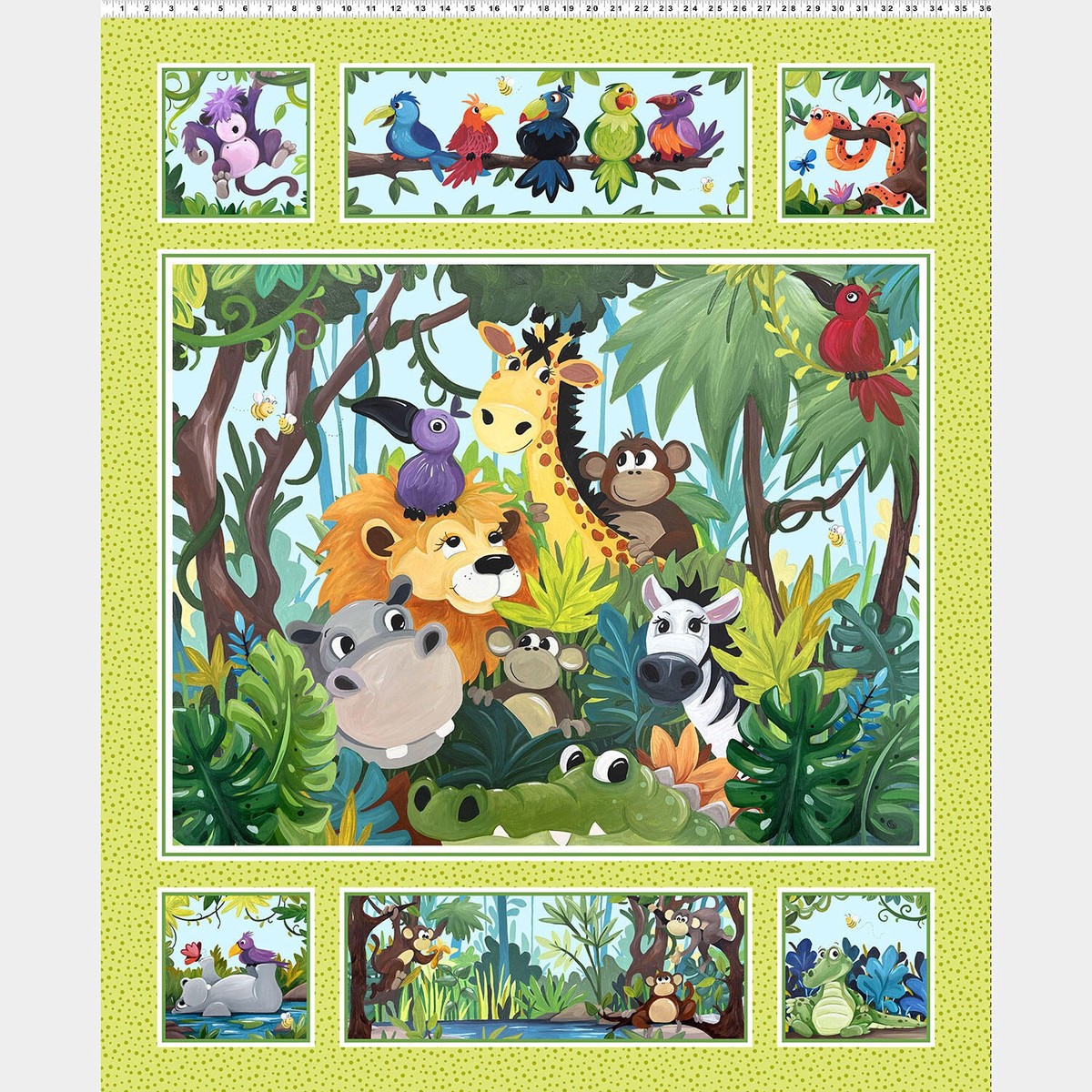 Jungle Friends - Animals Quilt Lime Panel