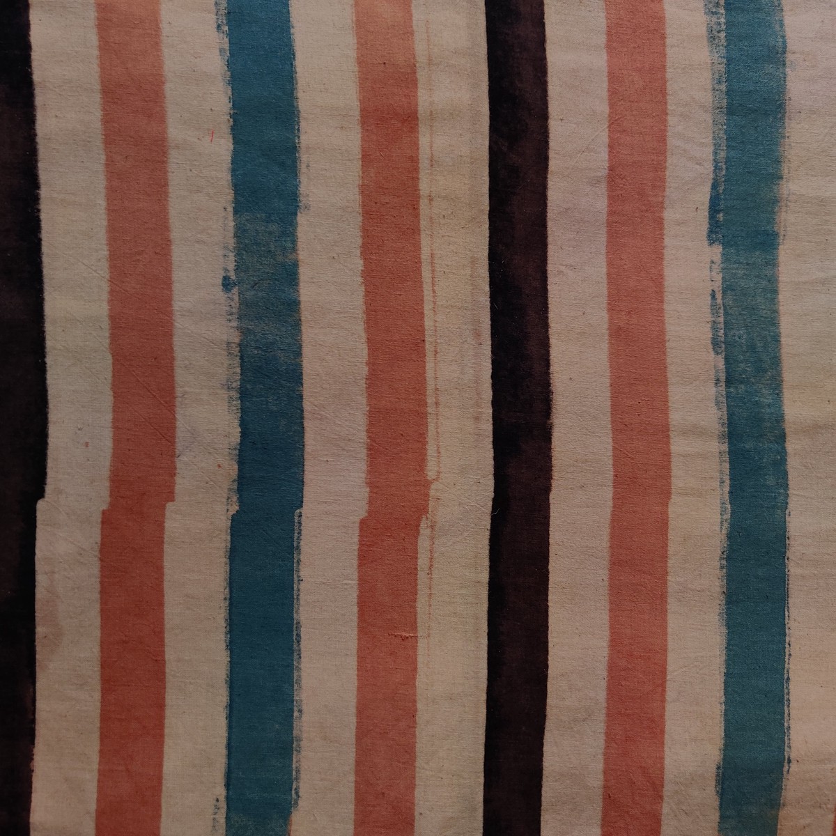 Pure Cotton Ajrak With Pastel Orange Blue Black Stripes Hand Block Print Fabric