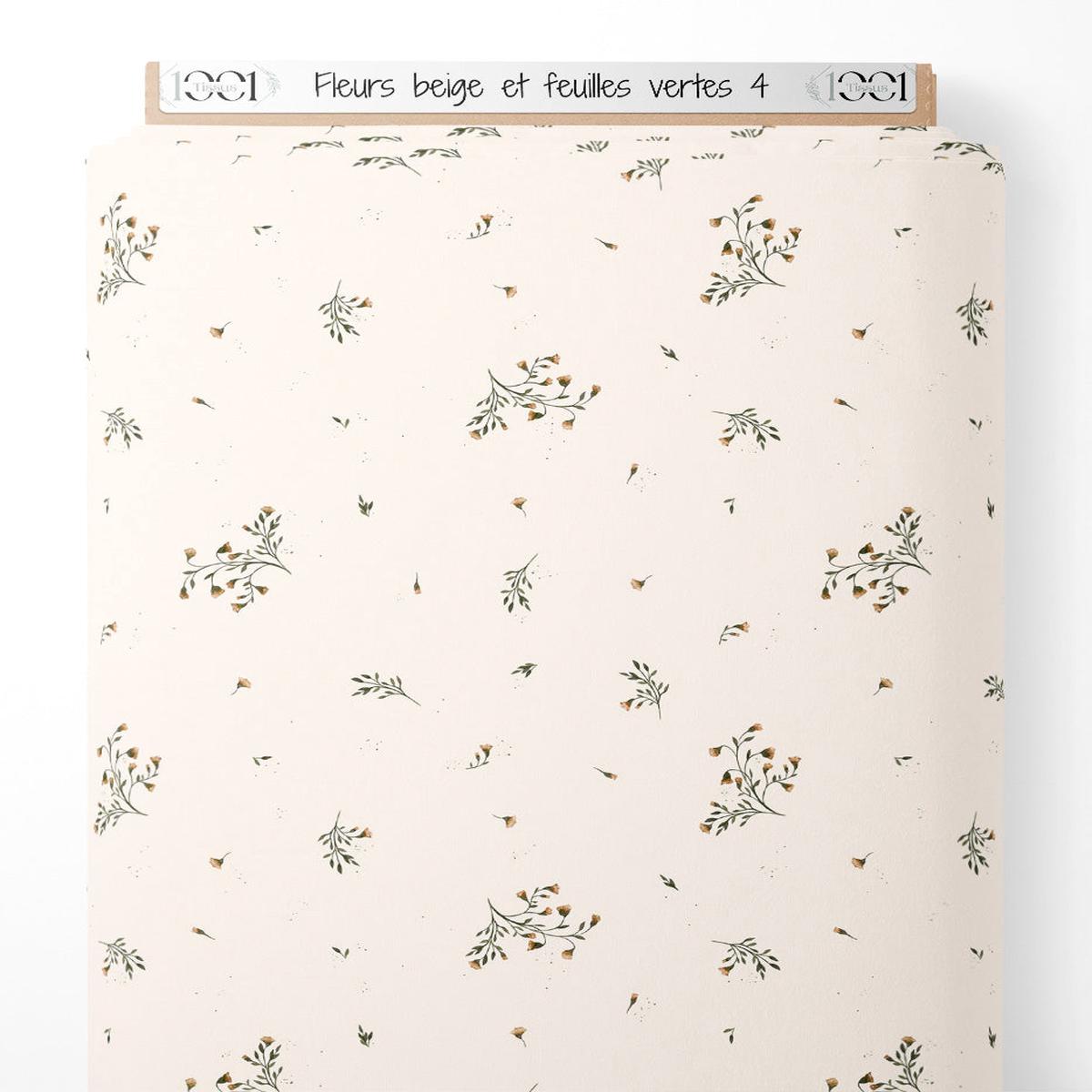 Tissu - Fleurs beige et feuilles vertes 4
