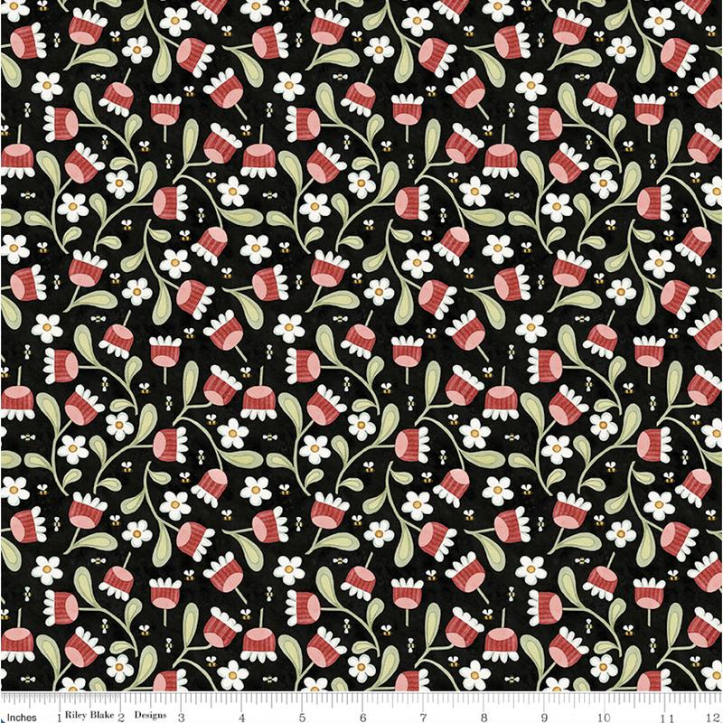 Teresa Kogut Hop Hop Hooray ~ Blooms C14274 Black ~ One Yard