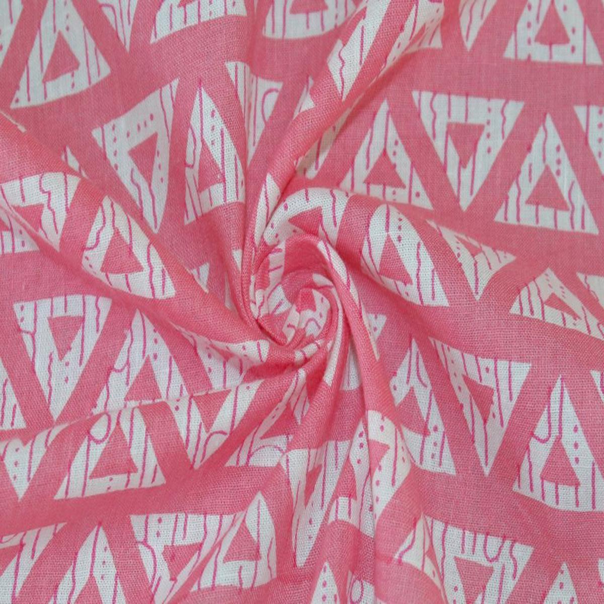Pink White Geometric Printed Pure Cotton Fabric