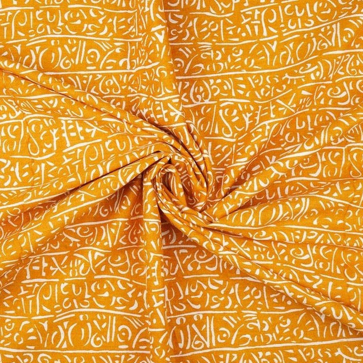 Mustard & White Abstract Printed Pure Cotton Fabric